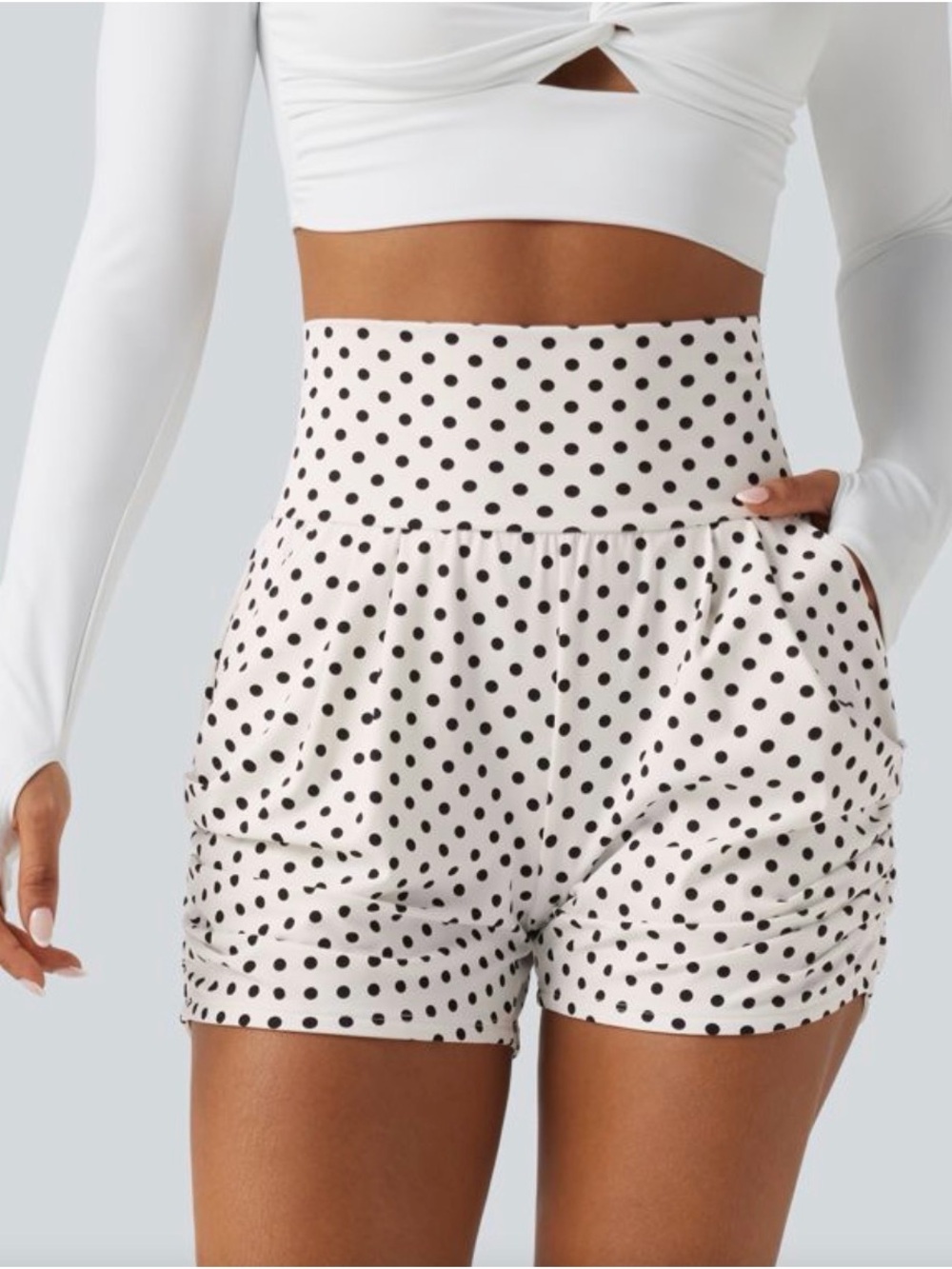 HALARA High Waisted Ruched Polka Dot Shorts 3” with Pockets NWT Size XS